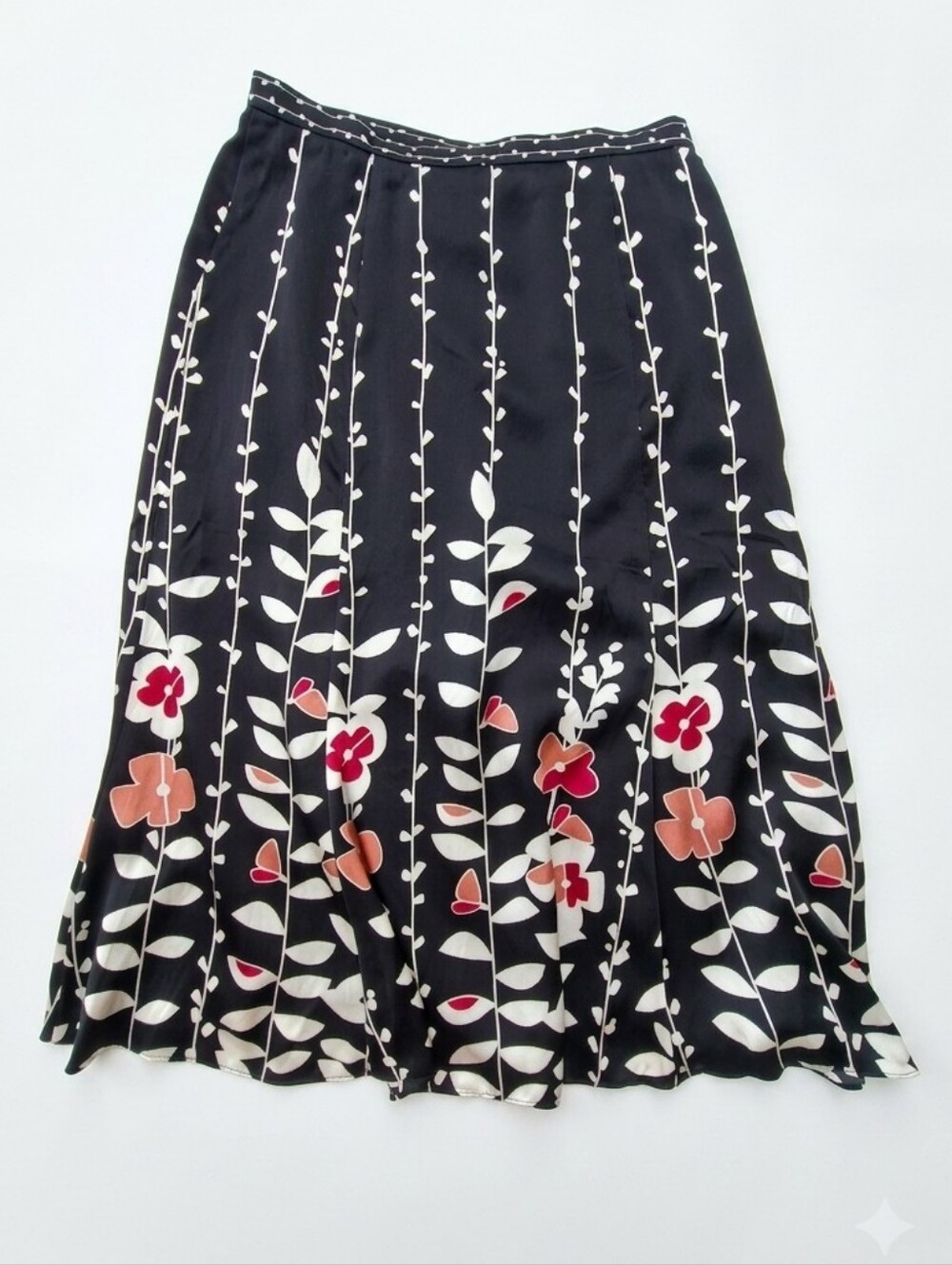 Vintage Talbots Pure Silk Black Floral Vine Print Bohemian Skirt Size 6